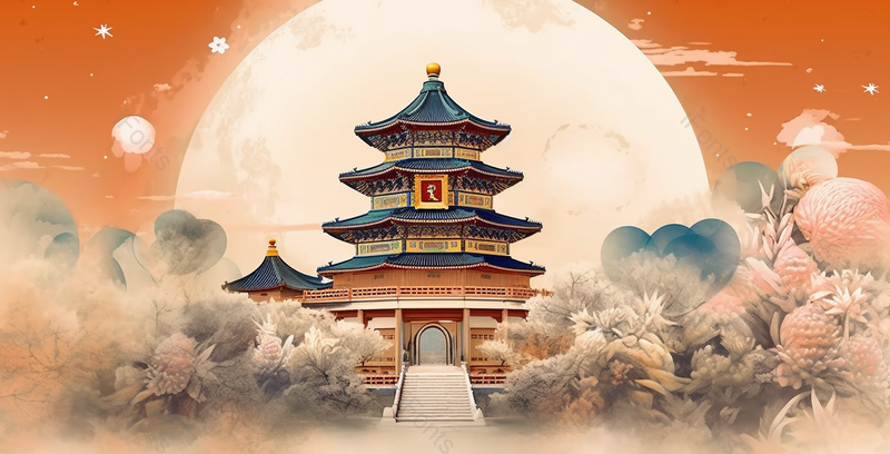 国潮风建筑中秋节壁画背景,插画/手绘图,插画/手绘图库,插画/手绘图下载,插画/手绘